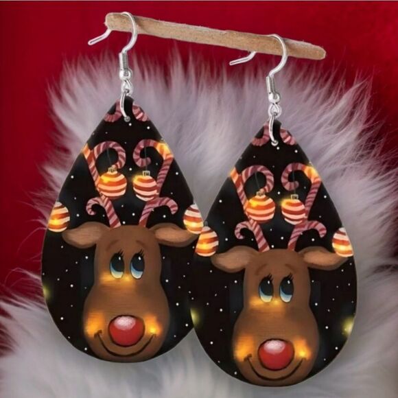 Holiday Earrings 🎄Reindeer Rudolph Christmas Leather Dangle Drop Ear Jewelry - Picture 1 of 8